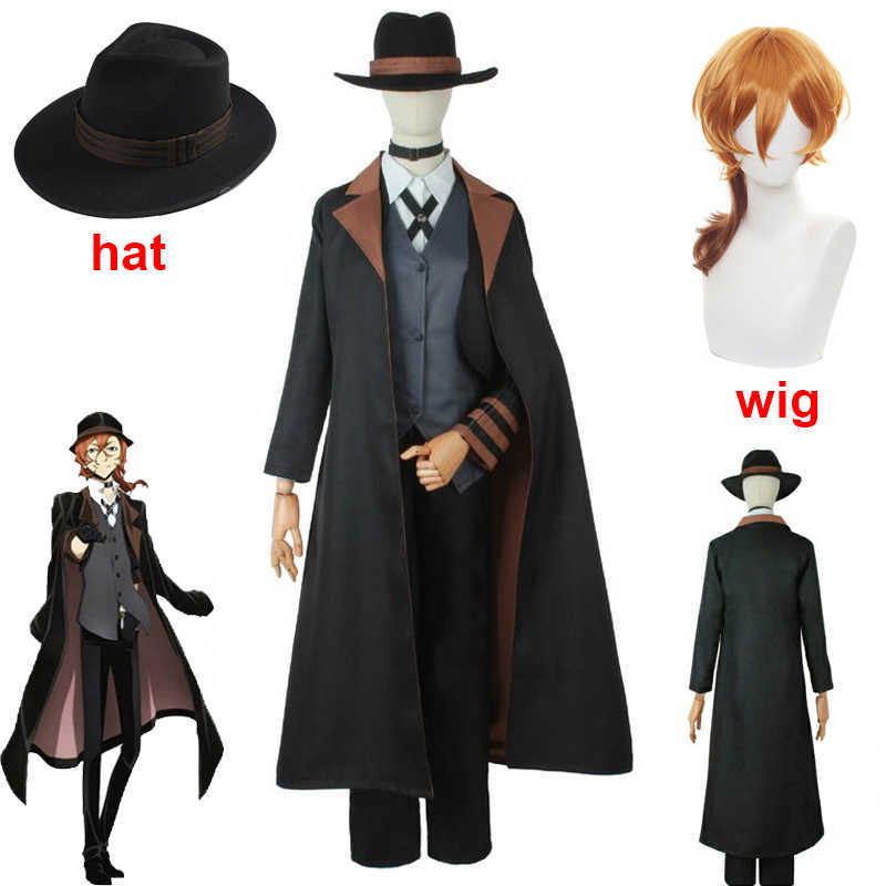 

Anime Costumes Bungou Stray Dogs Men Women Nakahara Chuuya Cosplay Come Wig Hat Glove Jacket Pants Female Chuya Nakahara Cosplay Suit Z0602