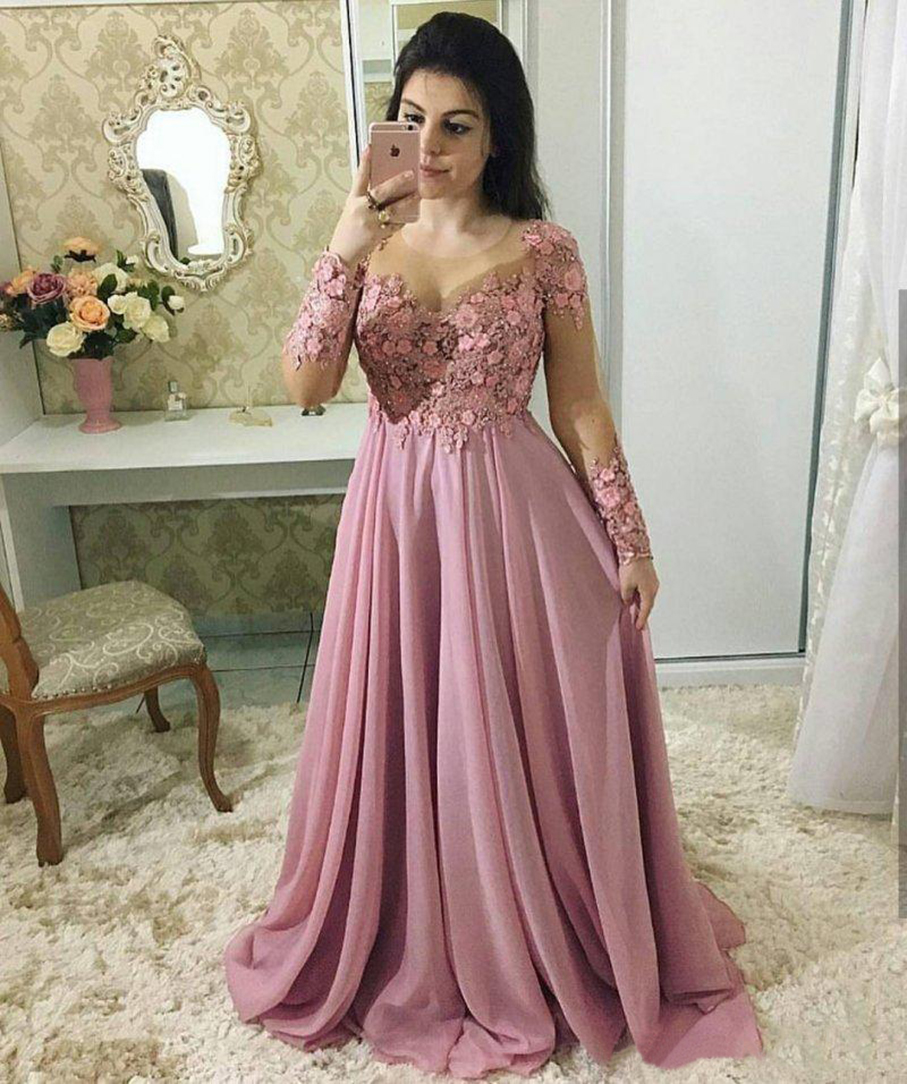 

Stunning Lace Dresses Evening Wear With Long Sleeves Sheer Jewel Neck Beaded Prom Gowns Vestidos De Fiesta Sweep Train Chiffon Formal Dress, White