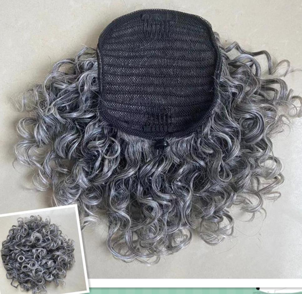 

Silver grey human hair pony tail hairpiece wrap around Dye natural hightlight salt and pepper short long loose wave gray pony9477301