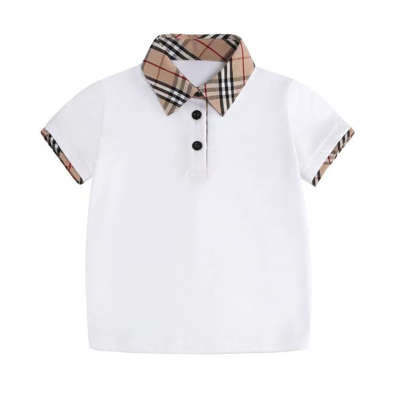 

Cute Baby Boys Girls Plaid T-shirts Summer Kids Short Sleeve T-shirt Turn-Down Collar Children Tops Tees Child Clothes, Beige