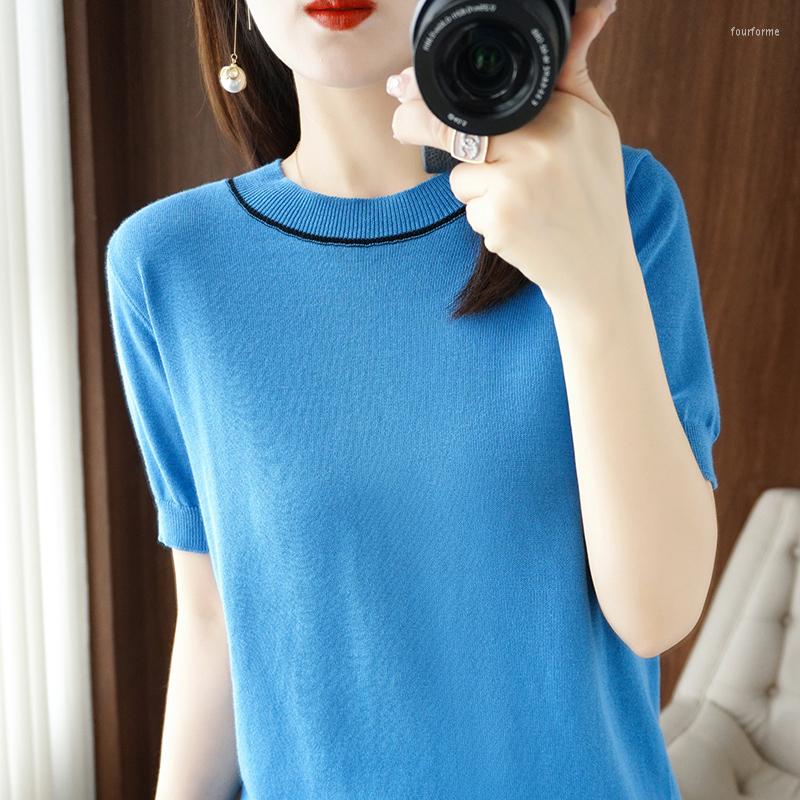 

Women's T Shirts Cotton T-Shirt Women's Round Neck Pullover Sweater Summer Casual Knitted Bottoming Shirt Korean Fashion Vest, Blue