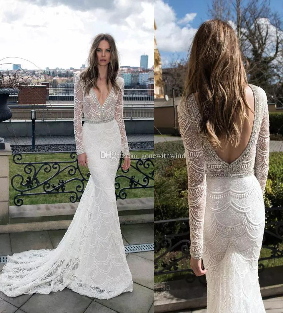 

Long Sleeve Mermaid Lace Wedding Dress Berta Bridal Gown Pearls Beaded Sequin Plunging Neckline Backless Wedding Gowns9979797, Ivory