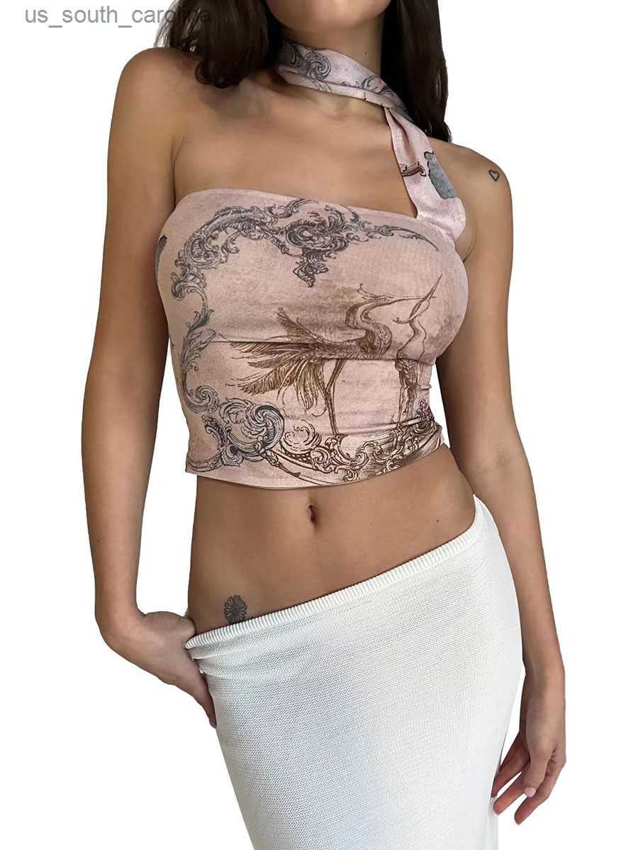

Camis Women s Y2k Strapless Wrap Chest Tops Vintage Print Halter Neck Backless Bandeau Slim Summer Tube Tops L230522, Khaki
