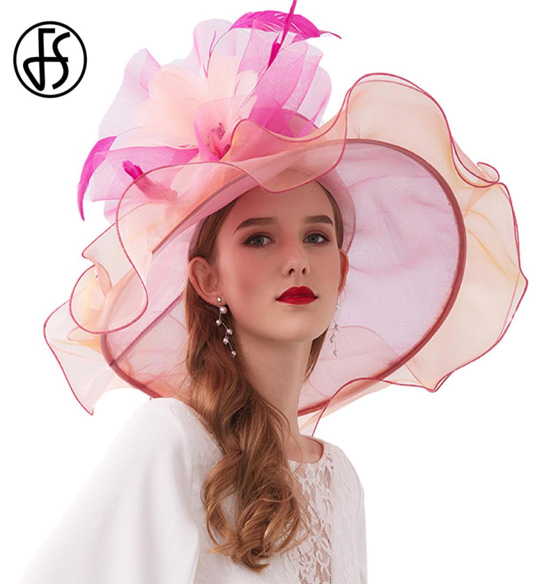 

FS 2020 New Women Hats For Elegant Summer Hat Ladies Party Cap Large Brim Fedoras With Flower Chapeu Feminino8581762, Red