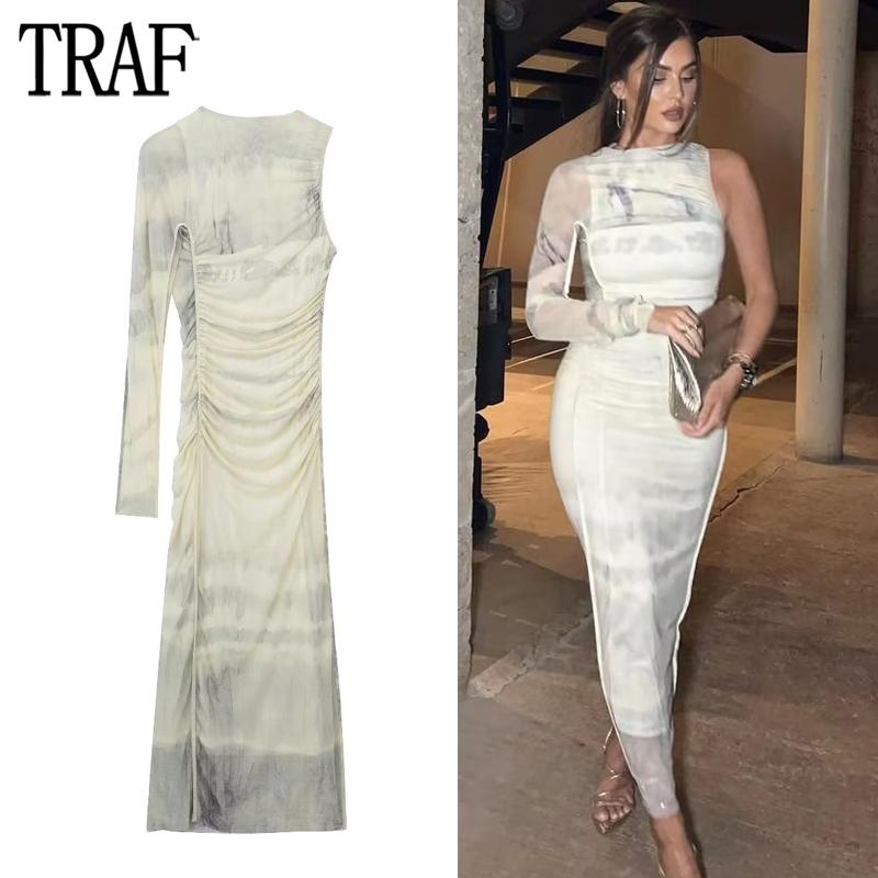 

Dresses Traf Print Tulle Dress Woman Asymmetric Bodycon Maxi Dress Women Semi Sheer Long Dresses for Women One Sleeve Ruched Dress Women, Print dress