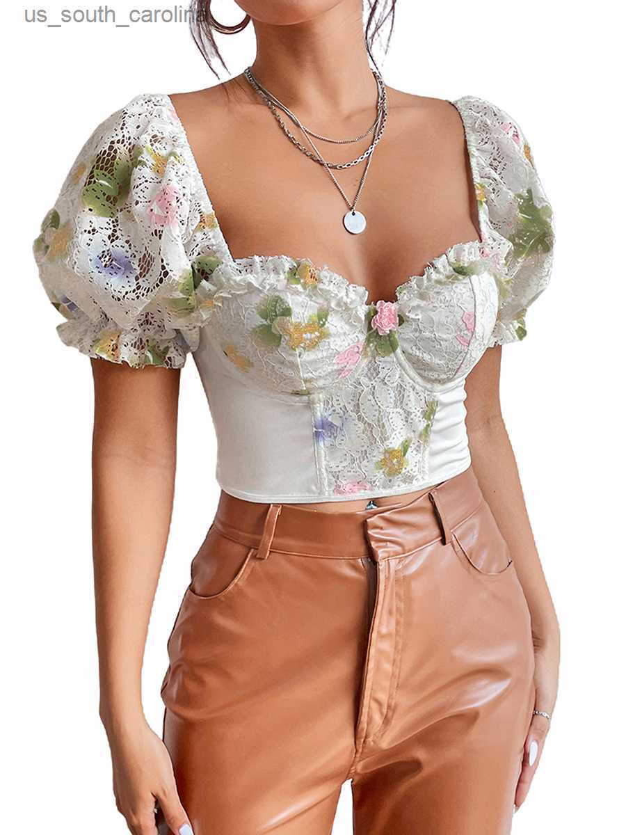 

Camis Women s Short Sleeve Crop Tops Puff Sleeve Floral Print Ruffle Square Neck Casual Tops Summer Club Tops L230522, White
