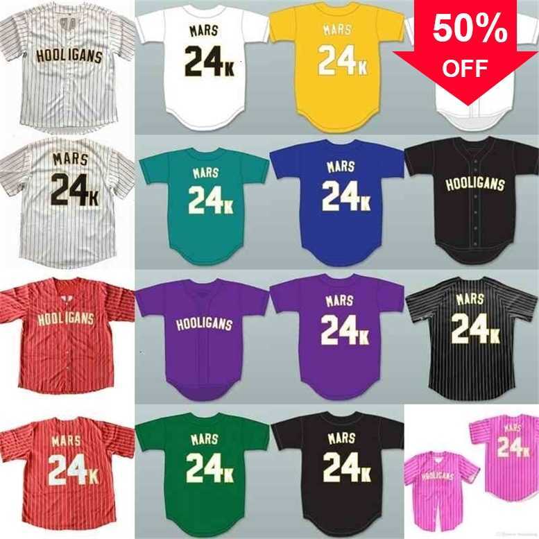 

Xflsp GlaC202 Hooligans Bruno Mars 24 K Bianco Awards Gessato Baseball Jersey di Ritorno Al Passato Per Gli Uomini Stripe Cucito Button Down Glod, Black