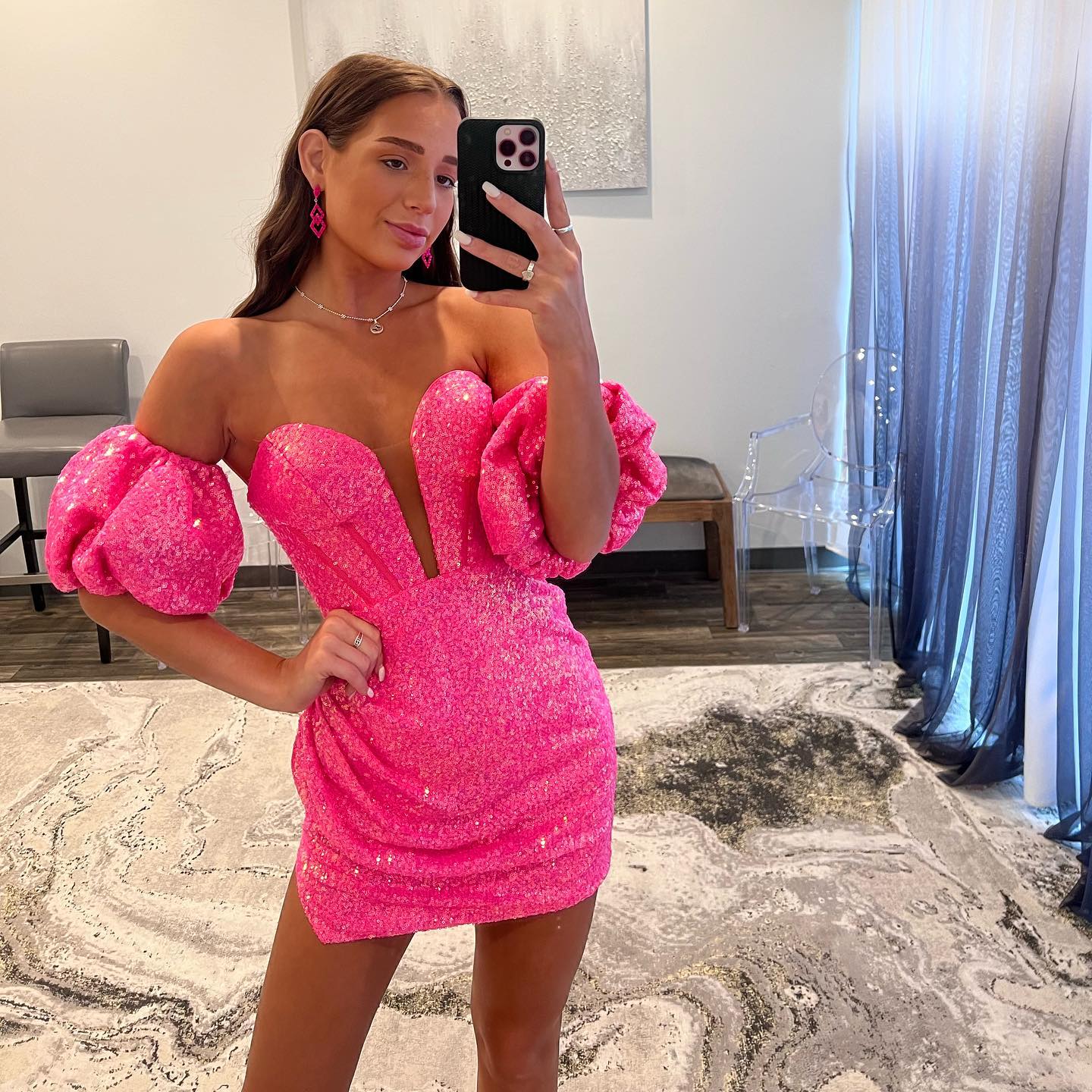 

Rosy Pink Glitter Cocktail Dress Short Sleeves Plunging Neck Short prom dresses mini party homecoming Special Occasion dress, Same as picture