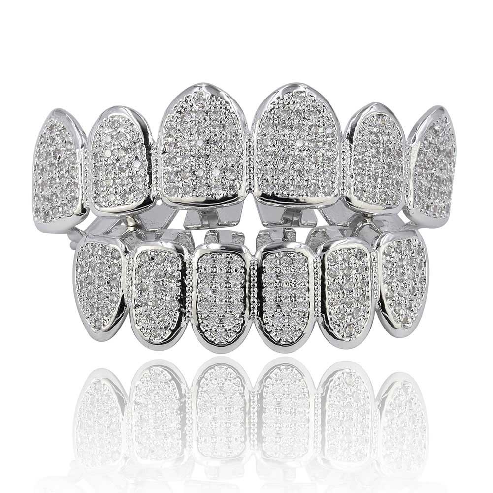 

Hip Hop braces Dental Teeth Grillz Full zircon Gold Silver Grills Teeth Set Fashion Jewelry High Quality Eight 8 Top Tooth Six 6 Bottom 1259