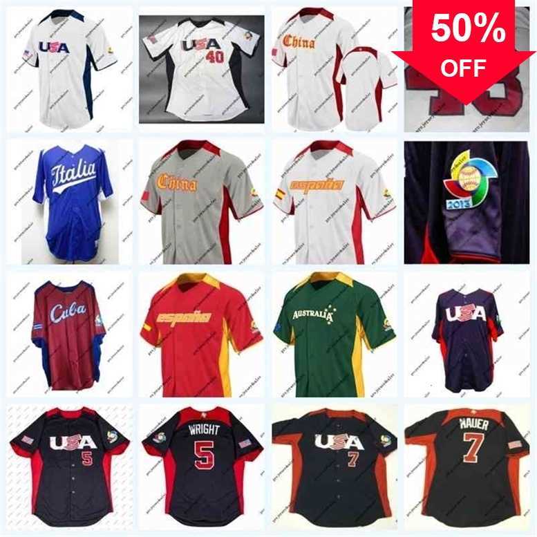 

Xflsp GlaC202 2013 World Baseball Classic Team USA Spain Australia Cuba 5 David Wright 7 Joe Mauer 40 Cishek 43 DICKEY On Field Jersey