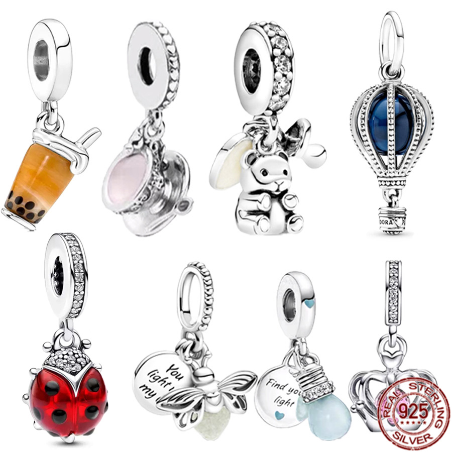 

925 Sterling Silver Dangle Charm Fireflies Balloon Bubble Tea Teddy Beads Suitable for Primitive Pandora Bracelets DIY Jewelry Gift Free Delivery