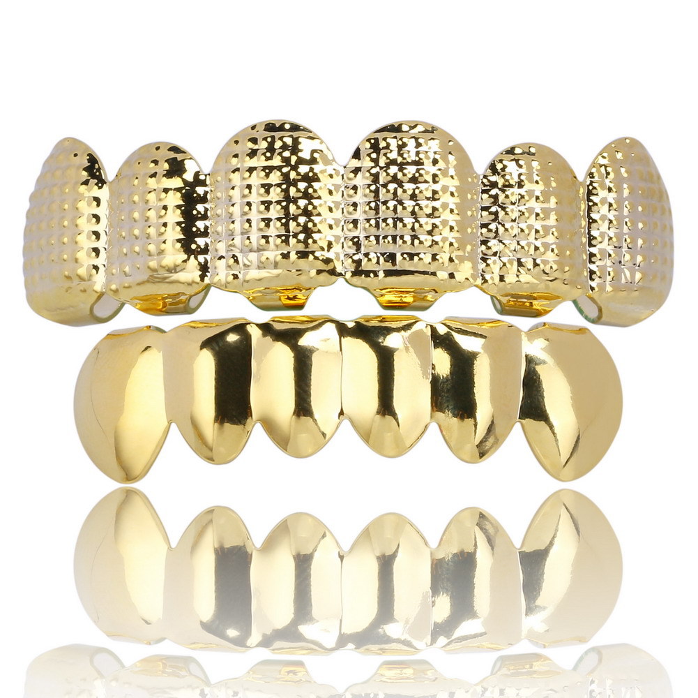 

Hip Hop braces Dental Teeth Grillz Concave and convex lattice texture Gold Silver Grills Teeth Set Fashion Jewelry High Quality Eight 8 Top Tooth Six 6 Bottom 1257