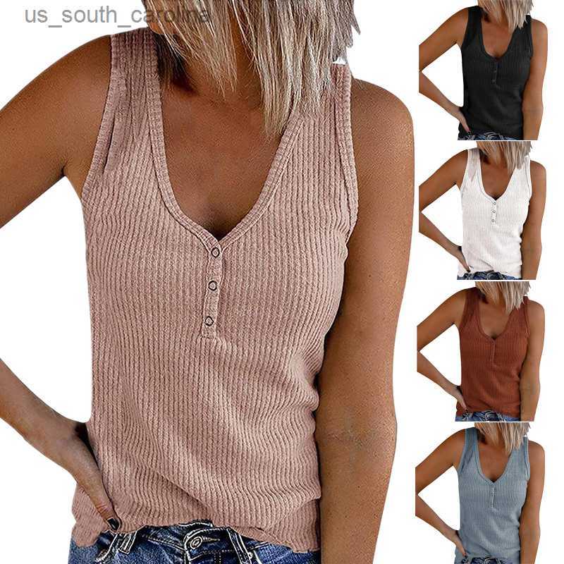 

Camis 2023 Summer New Women's Button Vest Solid Color V-Neck Sleeveless T-Shirt Tops Plus Size S-5XL L230522, White