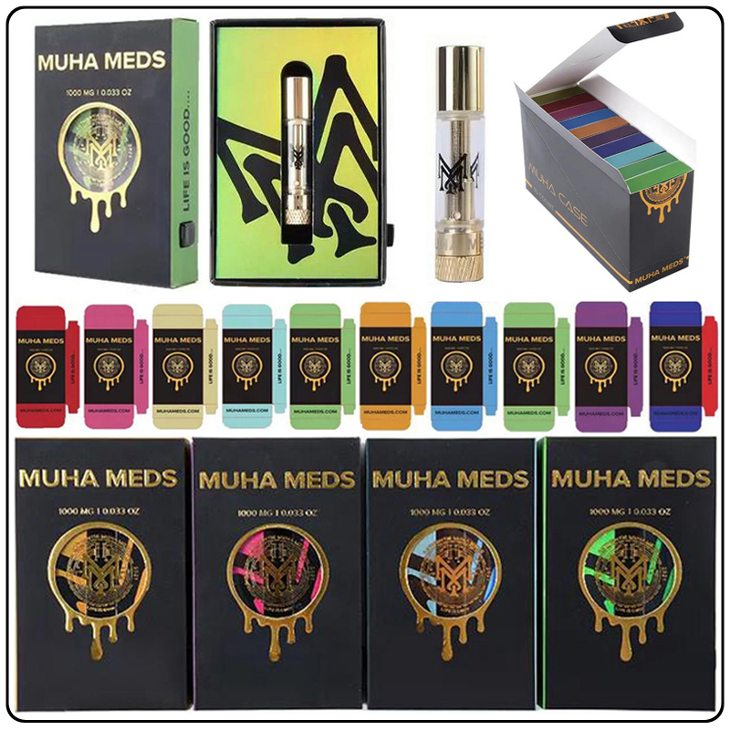

MUHA MEDS Vape Cartridges 0.8ml Muhameds Gold Ceramic 510 Thread Glass Carts With 10 Strains Childproof Lock Drawer Box Packagings