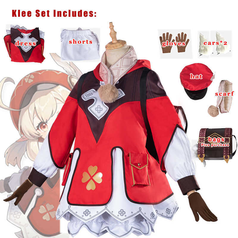 

Anime Costumes Genshin Klee Cosplay One Piece Bag Glasses Gloves Shorts Comes Girls Game Sets Impact Project Z0602
