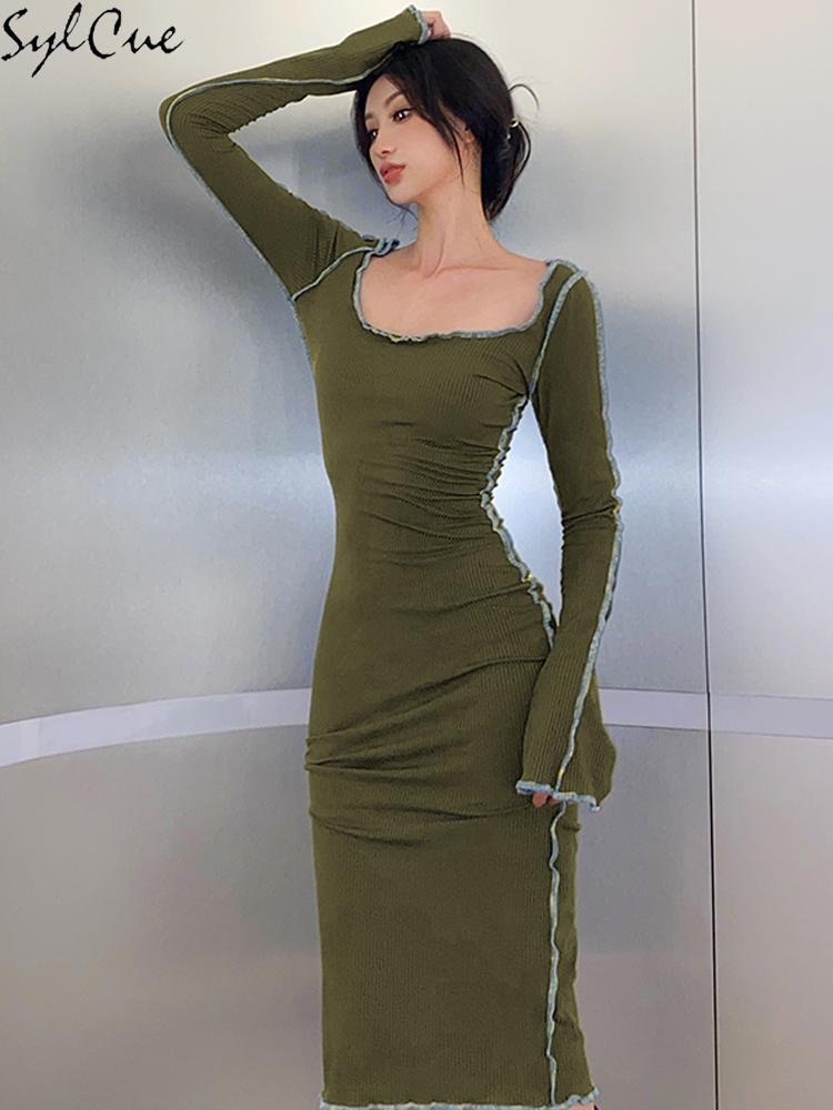 

Dresses Sylcue Top Line Solid Color Slim Square Neck Simple and Generous Sexy Mature Feminine Commuter Women' Long Casual Dress, Green