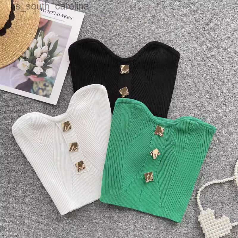 

Camis American Knitted Tube Tops Corset Sleeveless Skinny Women Crop Top Buttons Solid Color Short Womens Tanks and Camis Dropship L230522, White