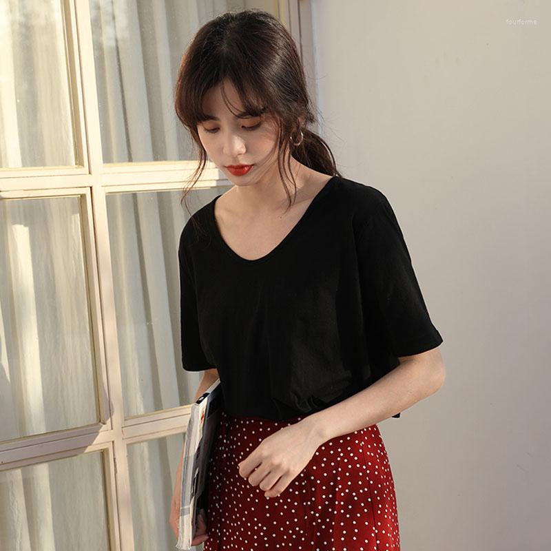 

Women's T Shirts 2023 Women Basic Tees Summer Casual V-Neck Short Sleeve Loose T-shirts Female Black/White Tops