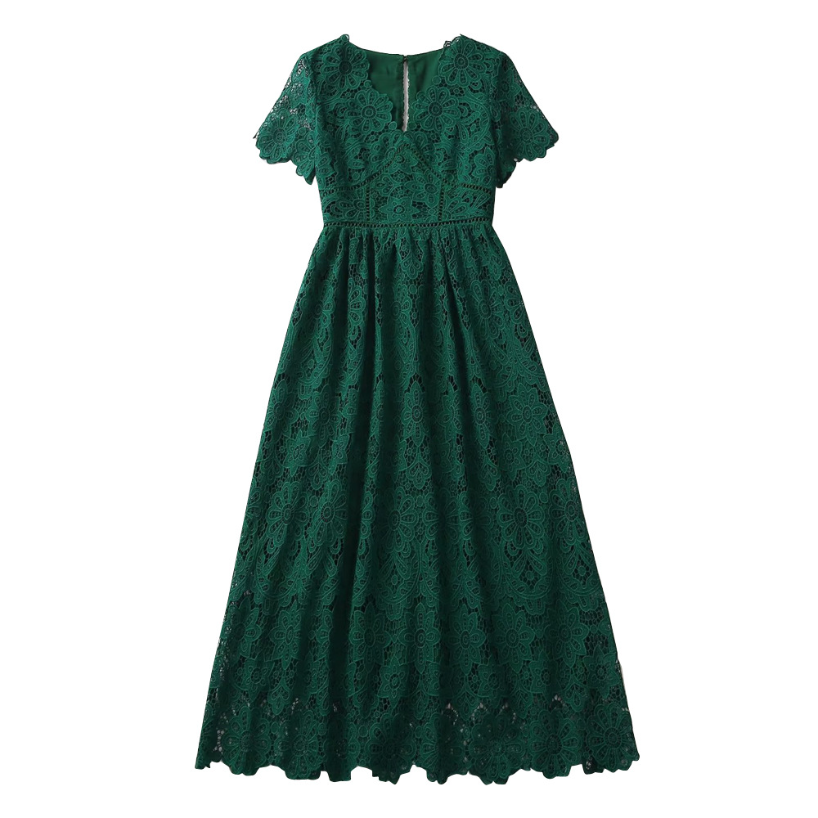 

Summer Green Floral Lace Hollow Out Dress Short Sleeve V-Neck Midi Casual Dresses A3A101512