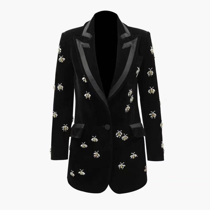 

Pants Luxurious Designing Novelty Runway Handmade Bees Beading Blazers Notched High Street Women Veet Long Qaulity Trend Blazer, Black
