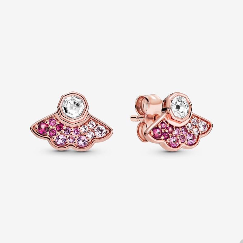 

Pink fan-shaped Stud Earrings for Pandora 18K Rose Gold Wedding Party Earring Set For Women Girls Sisters Gift Crystal Diamond earring with Original Box High quality