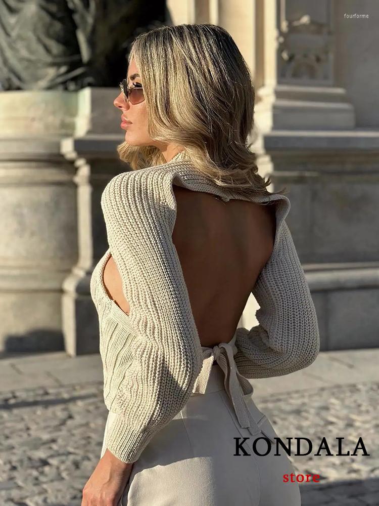 

Women' Sweaters KONDALA Chic Solid Beige Knitted Backless Bow Women Sweater Long Lantern Sleeve Party Pullover Fashion 2023 Summer YS2 Girl, Picture shown