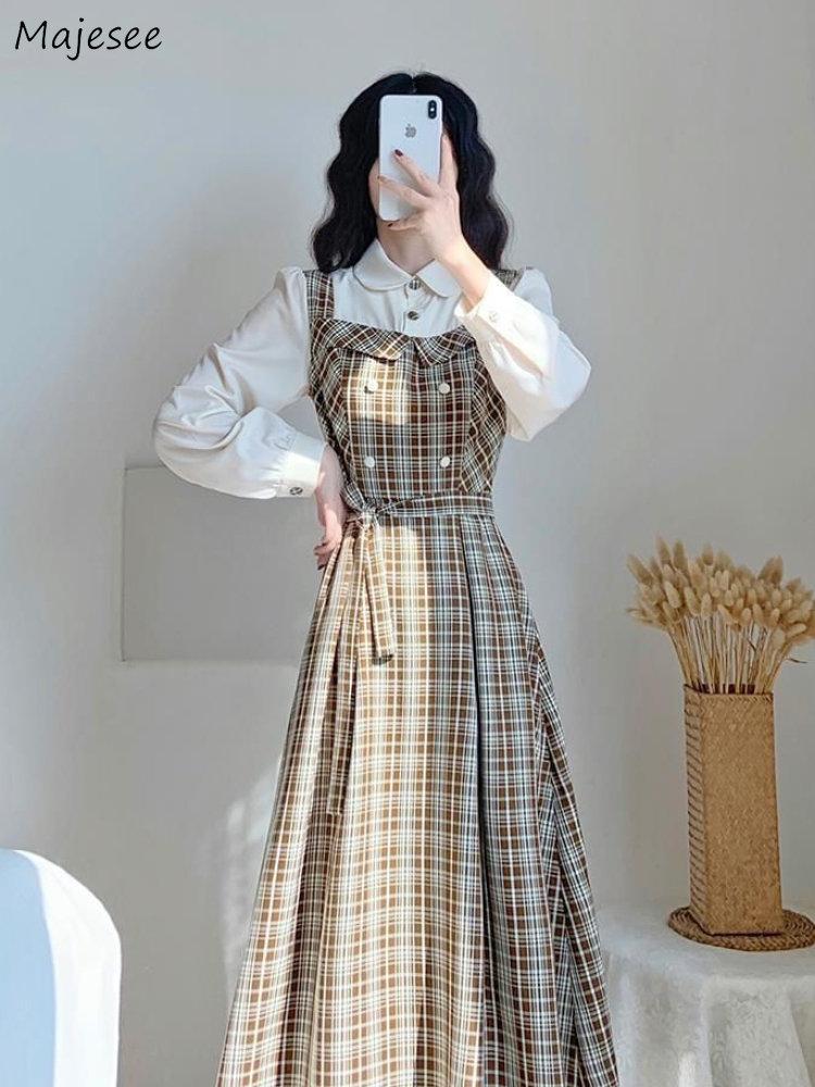 

Dresses Dresses Women Autumn New Arrival Plaid Vintage French Style Fake Two Pieces Vestidos De Mujer Allmatch College Tender Casual, Coffee