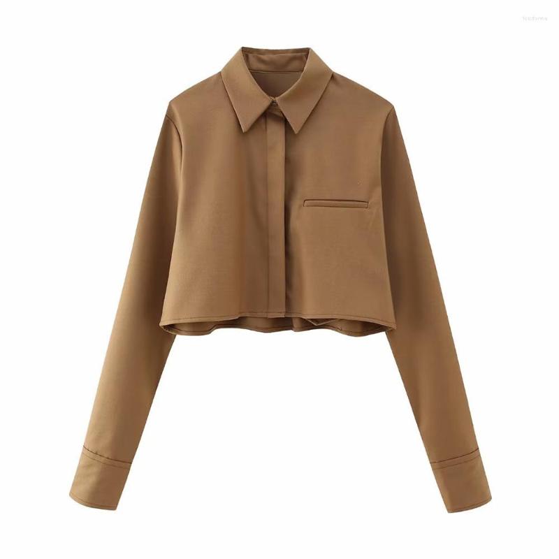 

Women's Blouses Spring 2023 Women's Fashion Shirt Retro Casual Lapel Pocket Decoration Short Loose Long-sleeved, Auburn