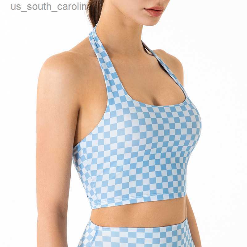 

Camis Sexy Checkered Women Halter Neck Fitness Yoga Vest Running Sports Vest Beautiful Back Gather Gym Folds Training Tank Tops S-XXL L230522, Green