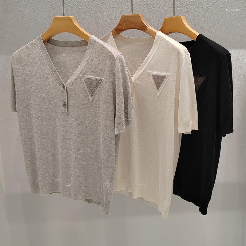

Women' T Shirts 2023 Summer Ladies Small V-neck Silk Linen Knitted Pullover T-shirt, Black