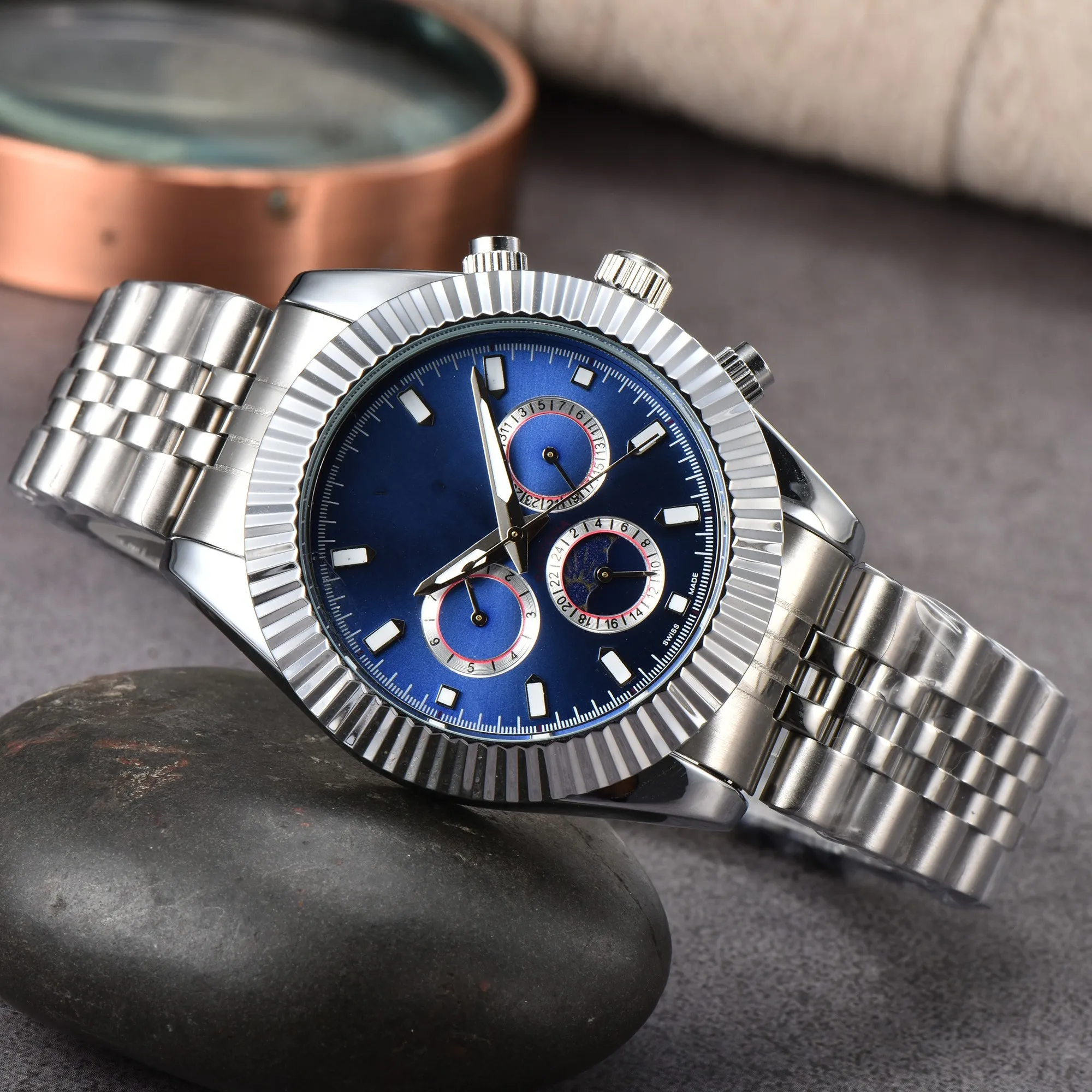 

Mens Luxury Waterproof Watch Male Timing Stainless Steel Bow Button Watch Men's Steel Band Watch, Box