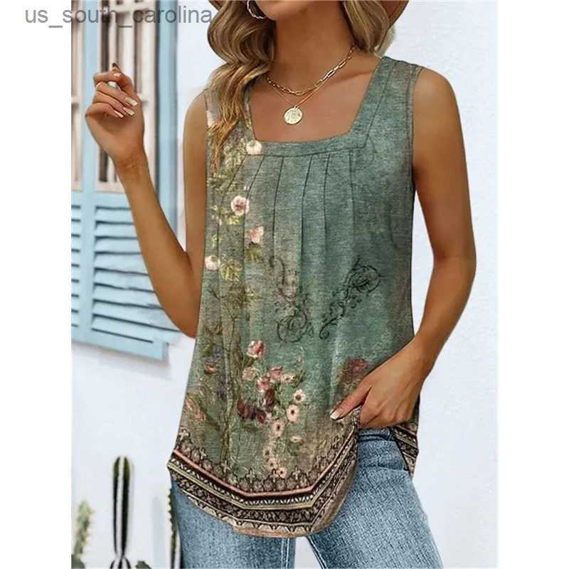 

Camis S-5XL Size Women Pleated Tee Summer Square Collar Sleeveless Loose T-shirt Casual Female Tank Tops 2023 New L230522, Blue