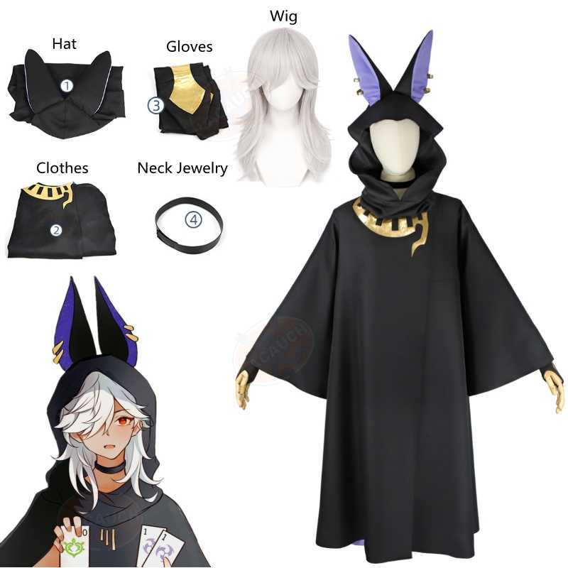 

Anime Costumes Genshin Impact Cyno Cosplay Black Cloak Hat Gloves White Wig Cosplay Anime Cosplay Halloween Comes Carnival Party Set Z0602