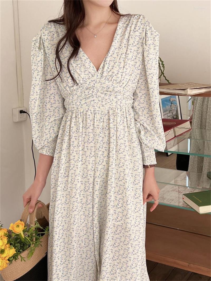 

Casual Dresses Alien Kitty Gentle Lady Chic V-Neck Long Dress Women Printed Sweet Girls Spring Holiday Fashion Slim Full Sleeves, White