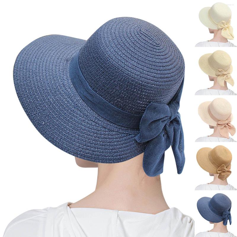 

Wide Brim Hats Summer Women Bongrace Straw Beach Hat Little Girl Sun Cap Foldable Ladies Fashion Solid Back Bowknot, White