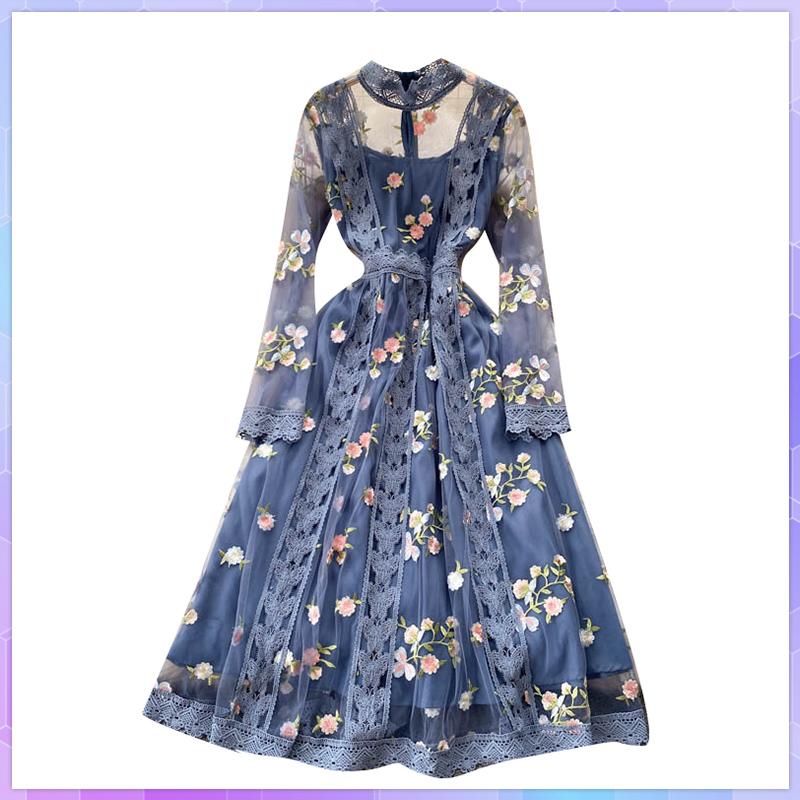 

Dresses Fashion Ladies Embroidered Flower Dress Women Elegant Vintage Mesh Patchwork Lace Long Party Dresses Female Vestidos Clothes, Blue