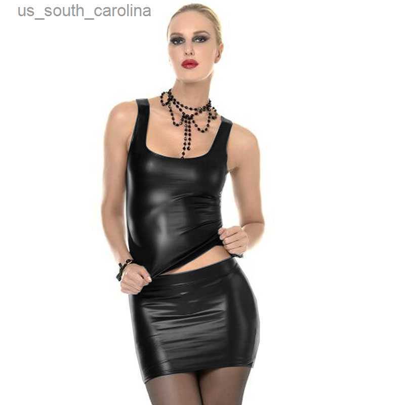 

Camis Summer Tank Top And Skirt Set Ladies Faux Leather Pole Dancing 2 Pieces Set Sexy Sleeveless Top Bodycon Package Hips Skirt S- L230522, Blue