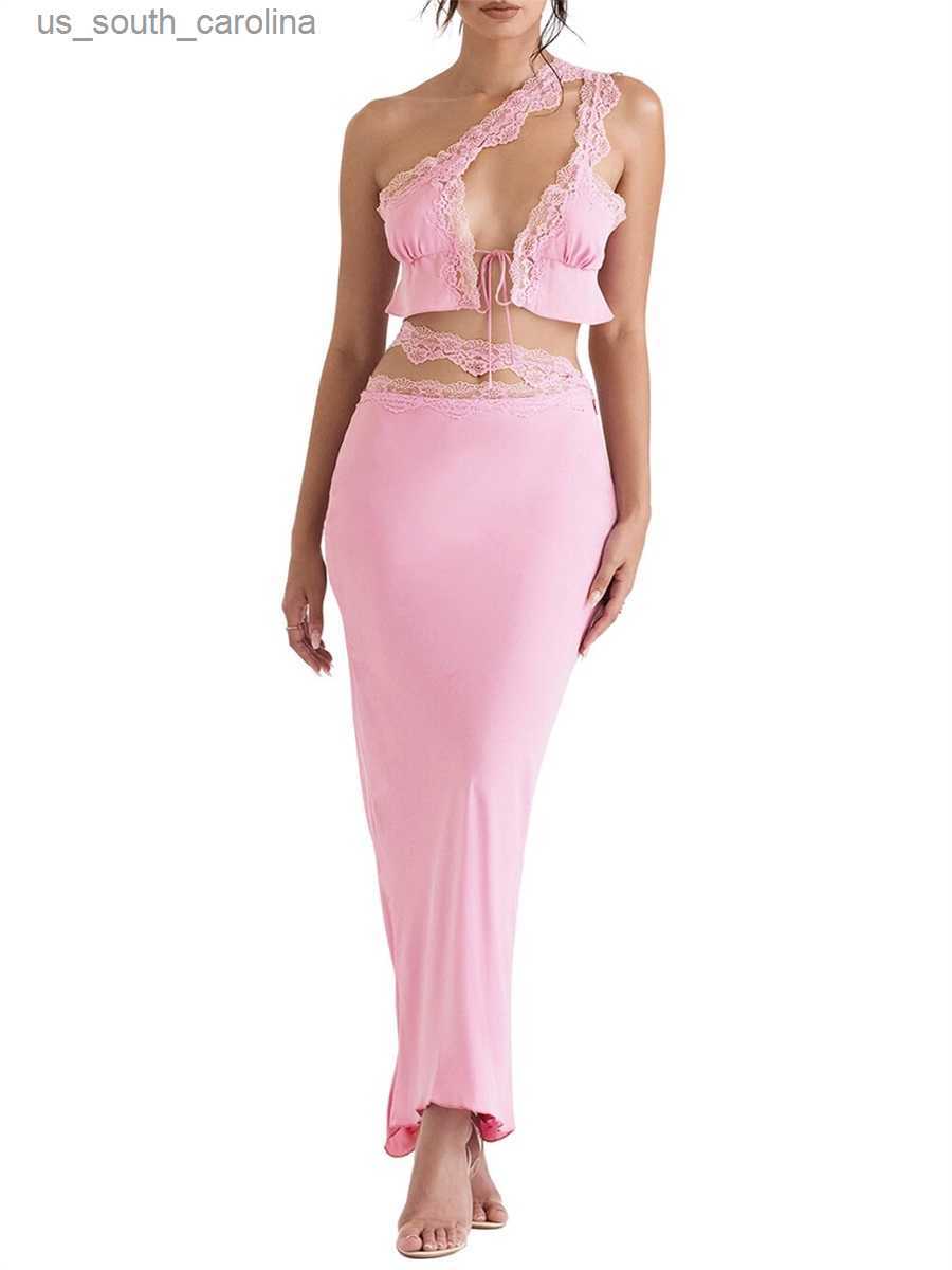 

Camis Womens 2 Piece Summer Outfits One Shoulder Sleeveless Tie-up Tank Tops Long Skirt Set L230522, Grey