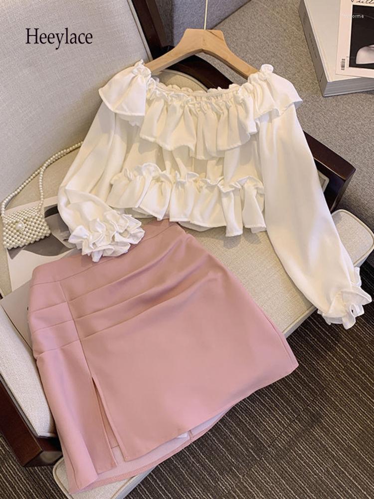 

Work Dresses Summer 2 Piece Sets Womens Outfit Women Long Sleeve Ruffles Patchwork Slash Neck White Top Pink Skirt For Outfits