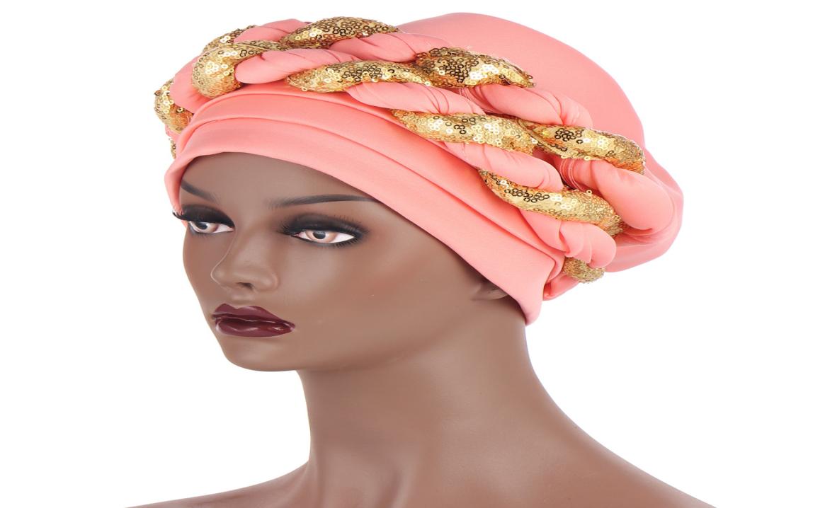 

Latest Shinning Sequins Turban Cap for Women Ready Female Head Wraps African Auto Headtie Already Made Headties1903110, Red