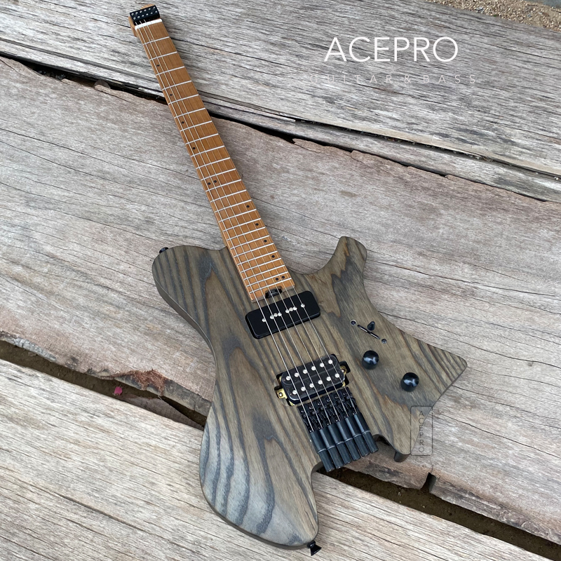 

Acepro Headless Electric Guitar Satin Black Color Ash Body Roasted Maple Neck Stainless Steel Frets Quality Bridge Free Shipping