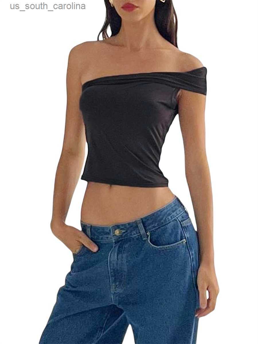 

Camis Women  Asymmetrical Tops Off The Shoulder Crop Top Backless One Shoulder Tank Top Fitted Summer Shirts L230522, Black