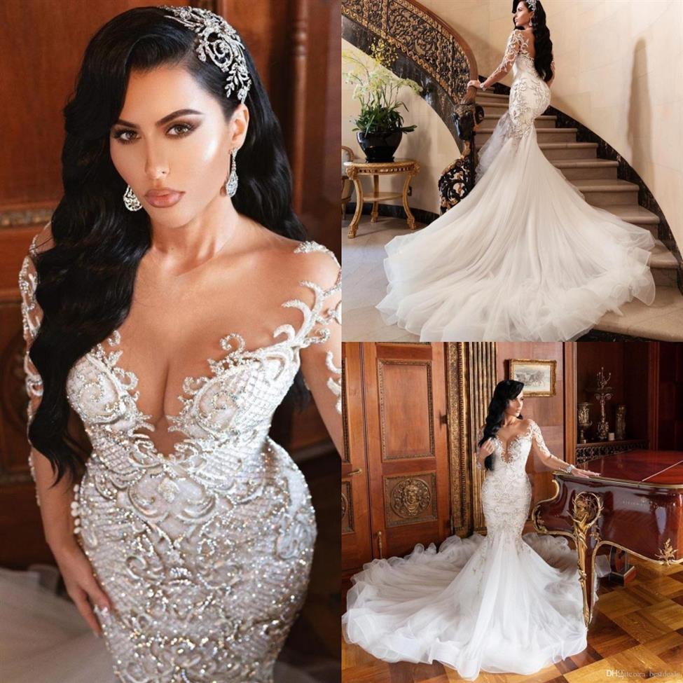 

2022 Luxurious Arabic Mermaid Wedding Dresses Dubai Sparkly Crystals Long Sleeves Bridal Gowns Court Train Tulle Skirt robes de ma224m, Pink