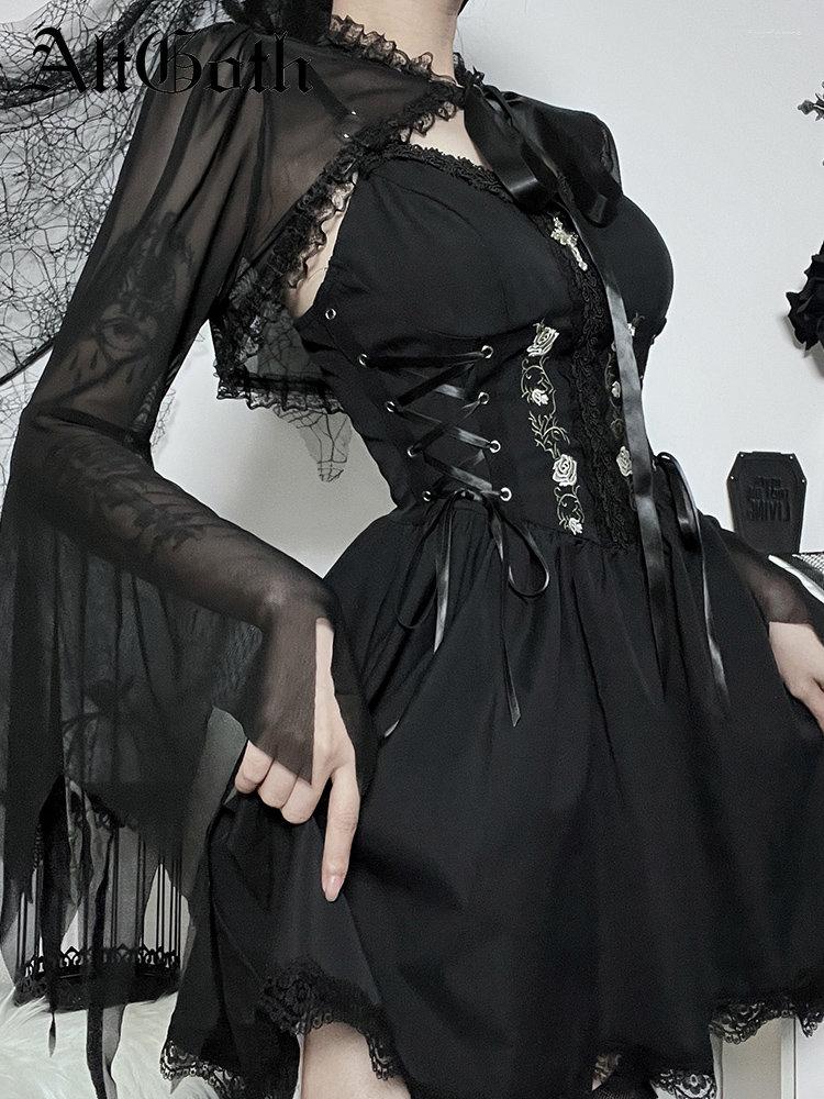 

Women' T Shirts AltGoth Aesthetic Dark Gothic Mesh Smock Women Streetwear Sexy Lace Patchwork Irregualr Flare Sleeve Burned Cuff Tee Tops, Black