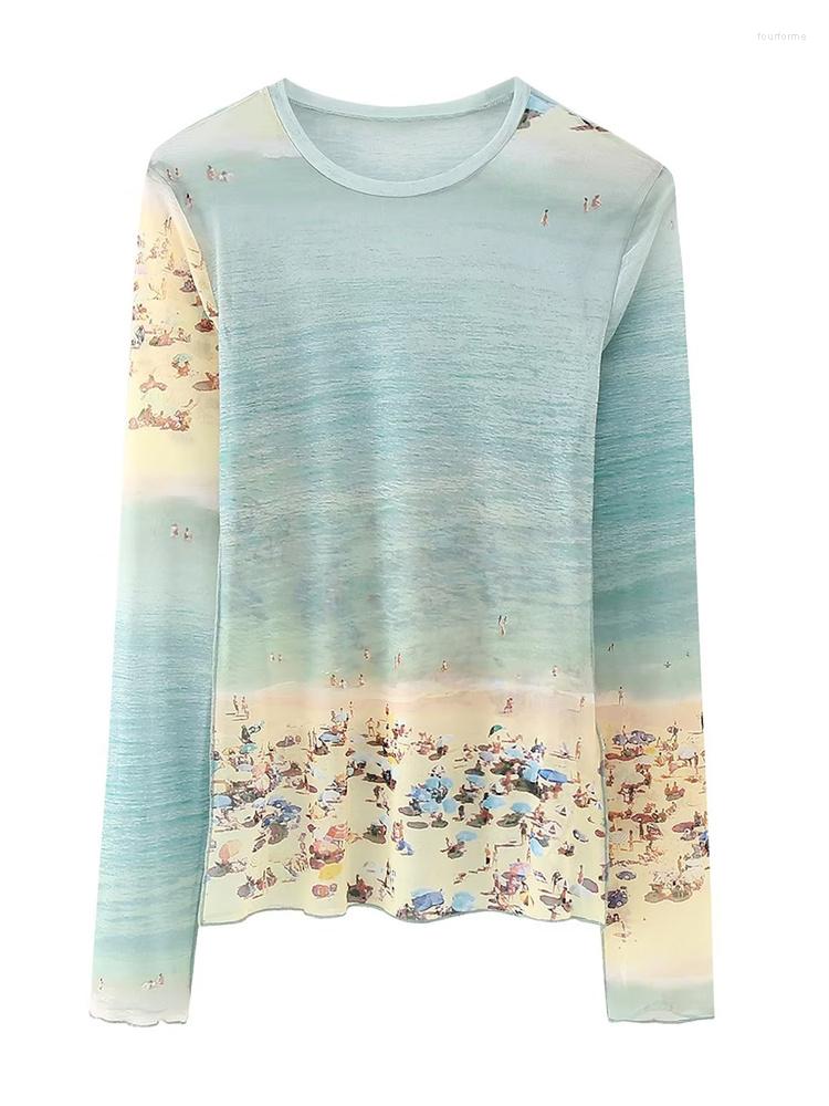 

Women's T Shirts Woman Cute Blue Beach Print Mesh Tops 2023 Spring Girls Sweet O Neck Female Slim Elastic Long Sleeve Top