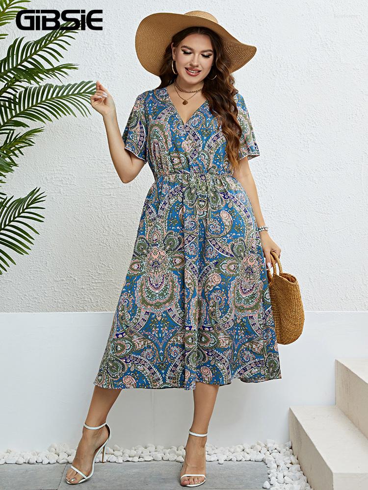 

Plus Size Dresses GIBSIE Surplice Neck Paisley Print Long Dress Women Summer Vacation Beach Butterfly Sleeve Elastic A-Line, Multicolor