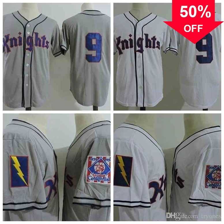 

Xflsp GlaC202 Roy Hobbs The Natural #9 Knights Redford White Grey Men's Movie Baseball Jerseys, White strip