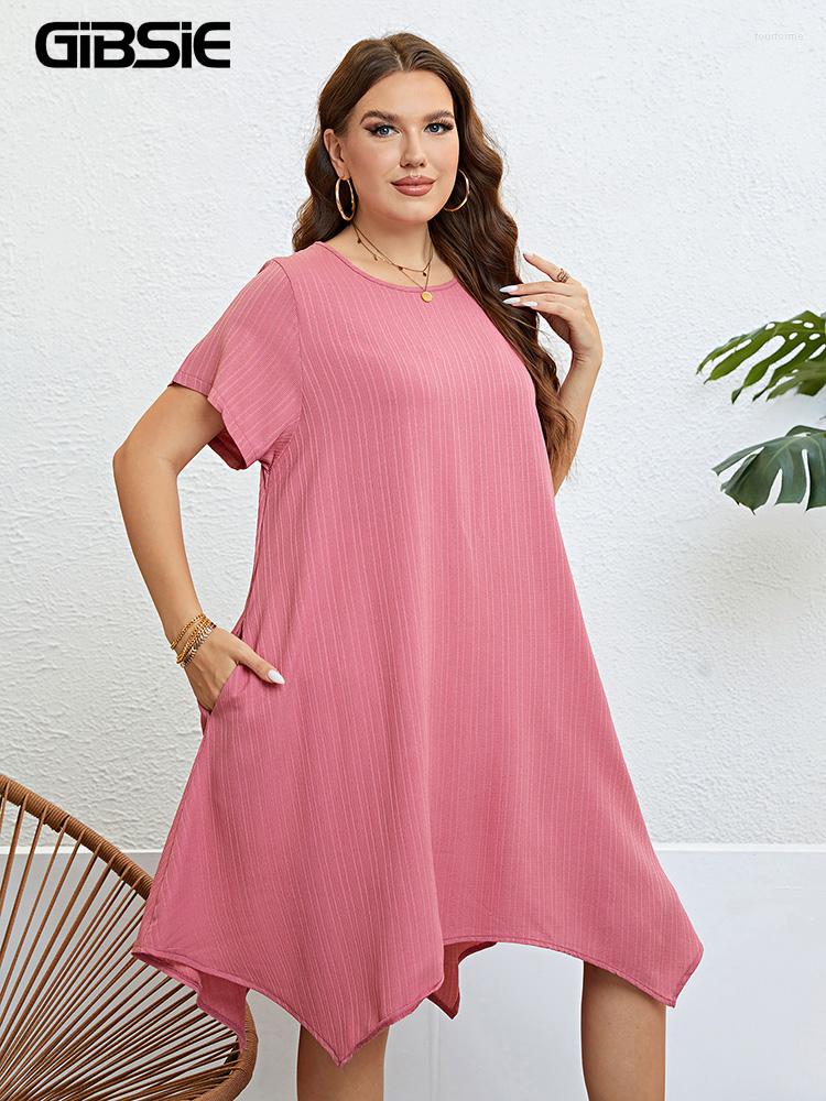 

Plus Size Dresses GIBSIE Solid O-Neck Short Sleeve Loose Dress Women 2023 Summer Korean Fashion Pockets Casual Asymmetrical Midi, Black