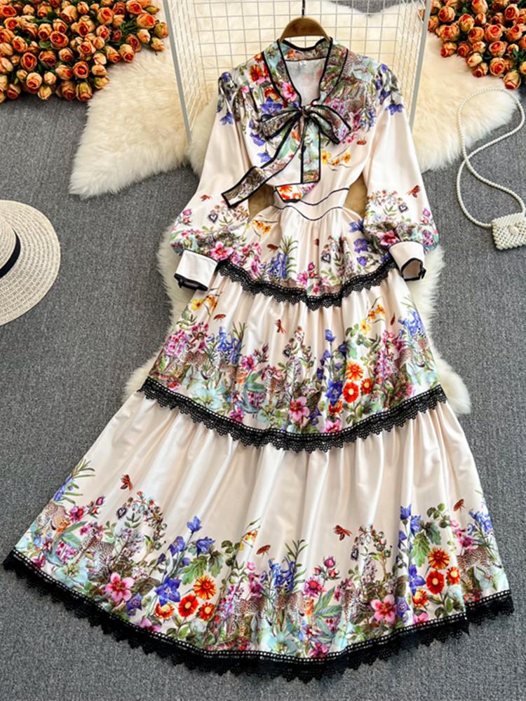 

Dresses New Spring Leopard Flower Maxi Dress Women Bow Tie Collar Long Sleeve Floral Print Cascading Lace Ing Cake Party Vestidos, Picture color