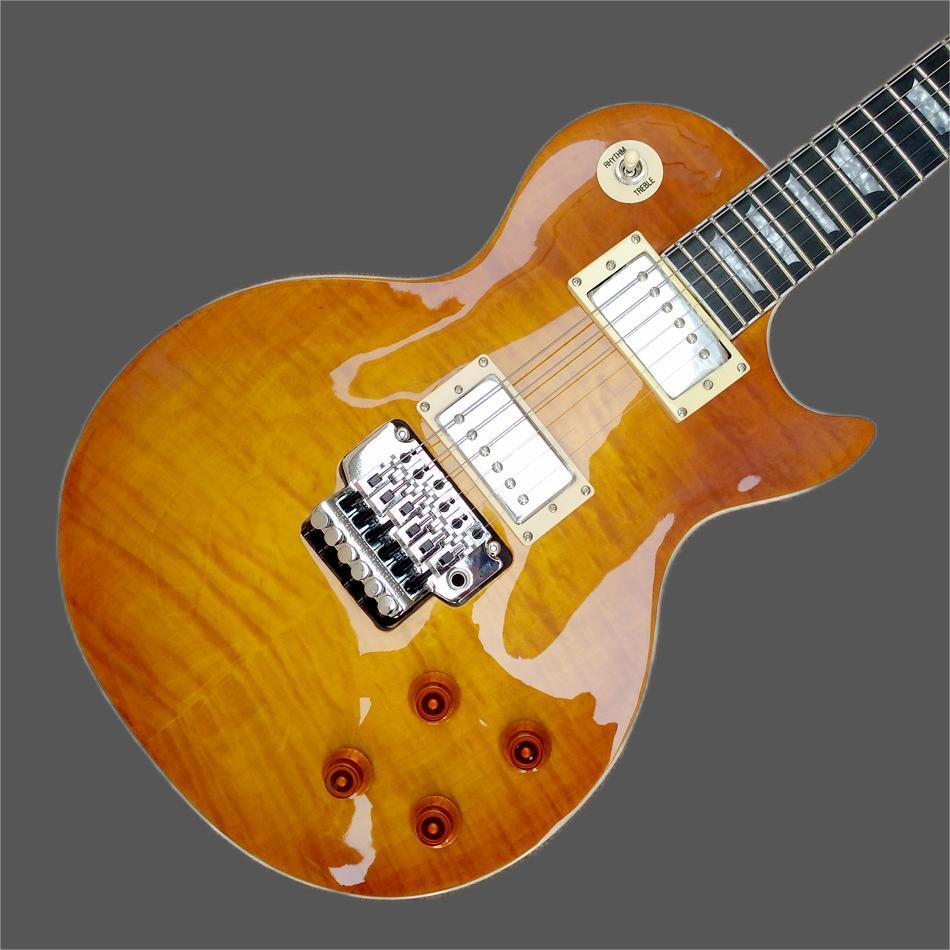 

Mahogany fingerboard dual vibrato bridge electric guitar, solid mahogany body, chrome plated hardware, honey exploding maple top guitar